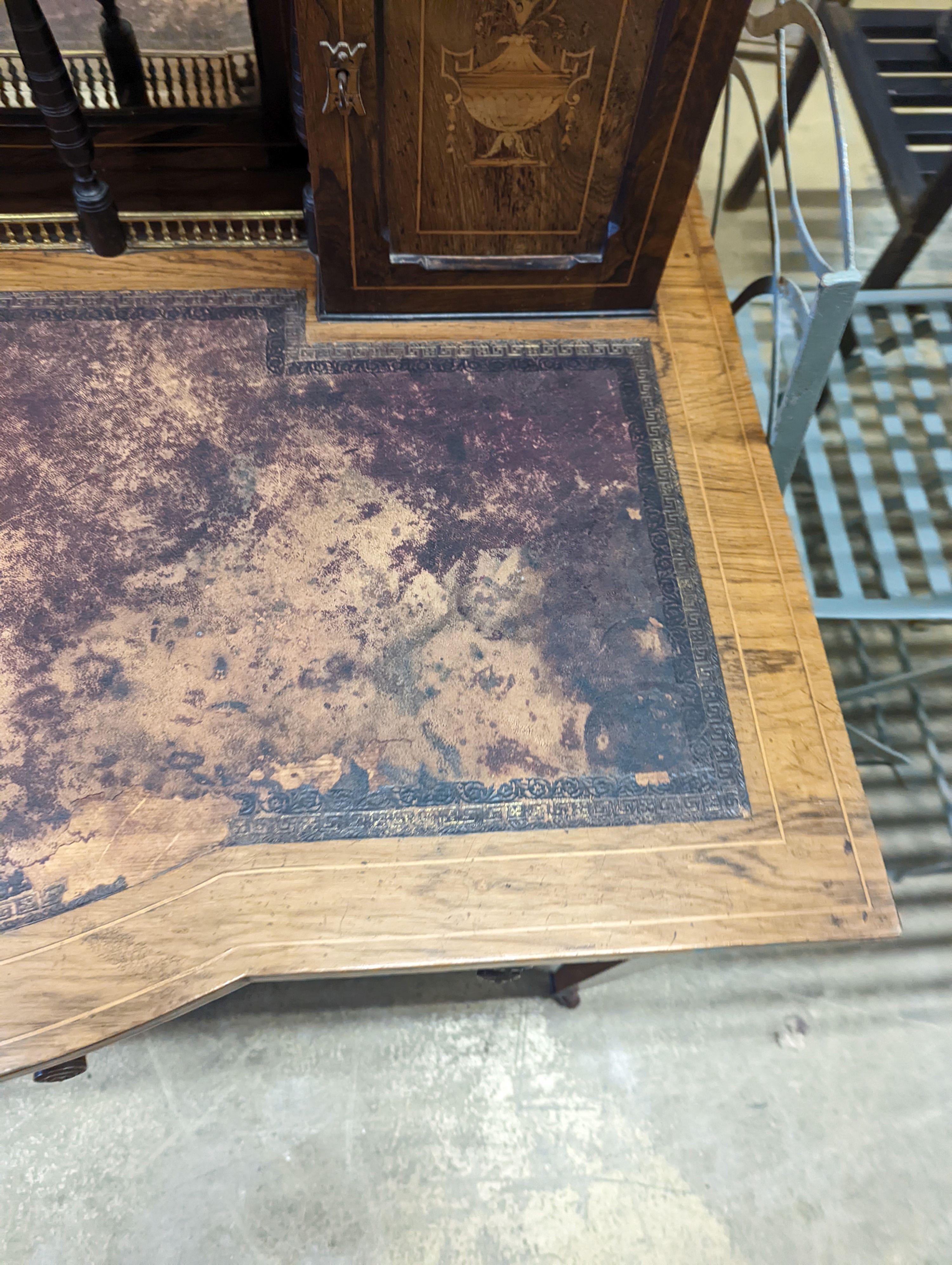 A late Victorian marquetry inlaid rosewood writing desk, length 107cm, depth 55cm, height 102cm